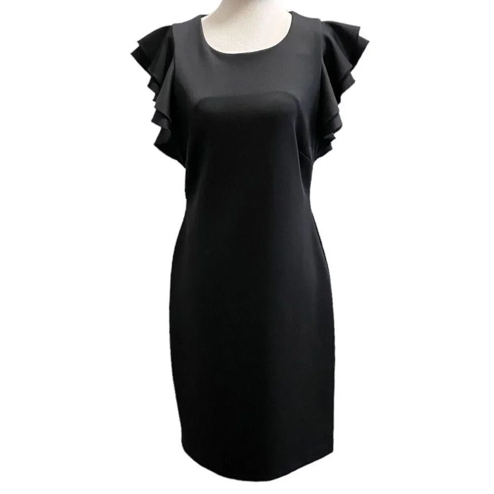 Tommy Hilfiger Scuba Crew Neck Flutter Ruffle Cap Sleeve Dress Black Size 10